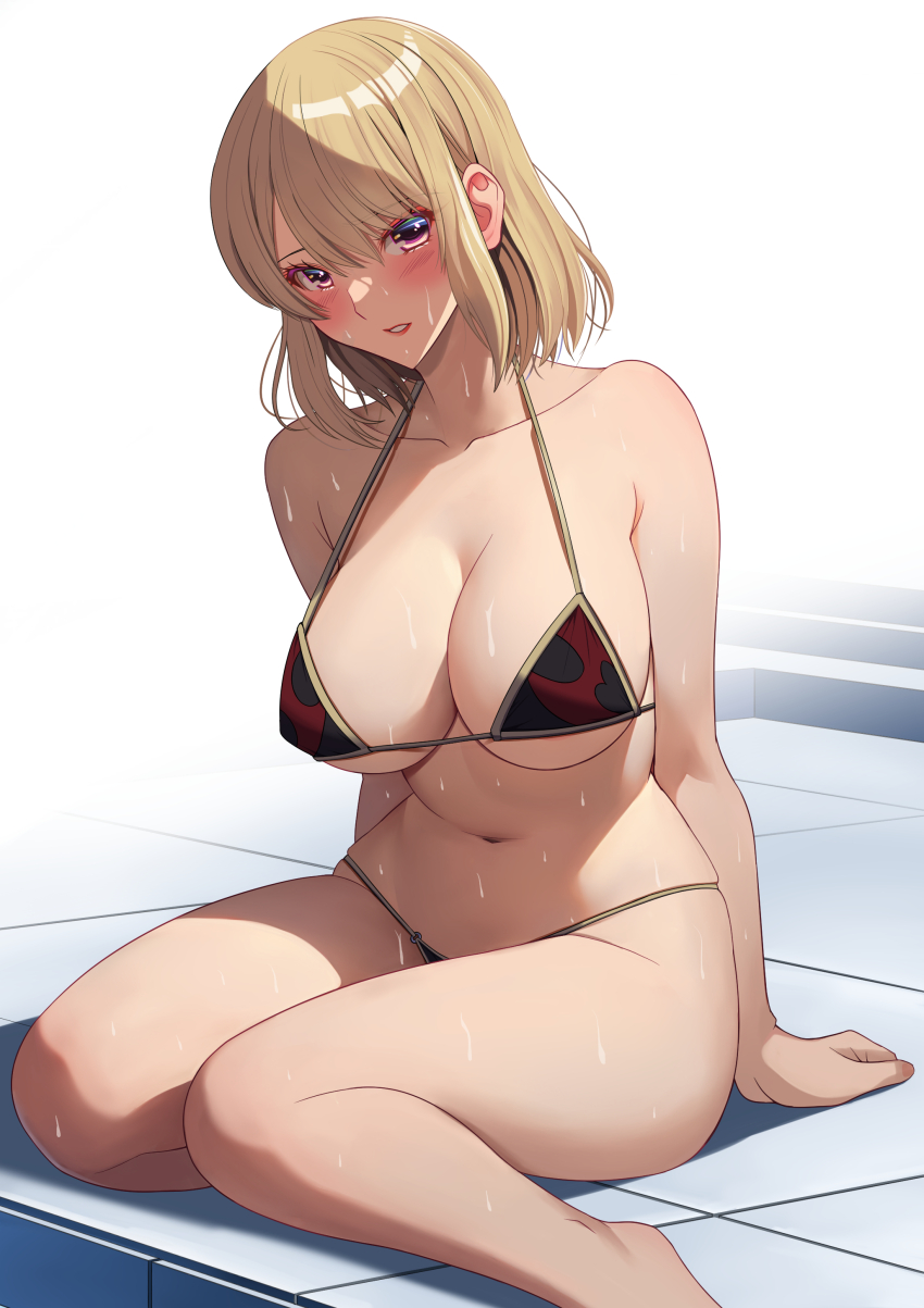1girl absurdres akihiro0920 alternate_costume armpit_crease bikini black_bikini blonde_hair blush breasts cha_hae-in cleavage collarbone commentary_request curvy highres large_breasts looking_at_viewer multicolored_bikini navel paid_reward_available parted_lips pool purple_eyes red_bikini short_hair sideboob sitting solo solo_leveling stomach swimsuit thighs tile_floor tiles two-tone_bikini wet