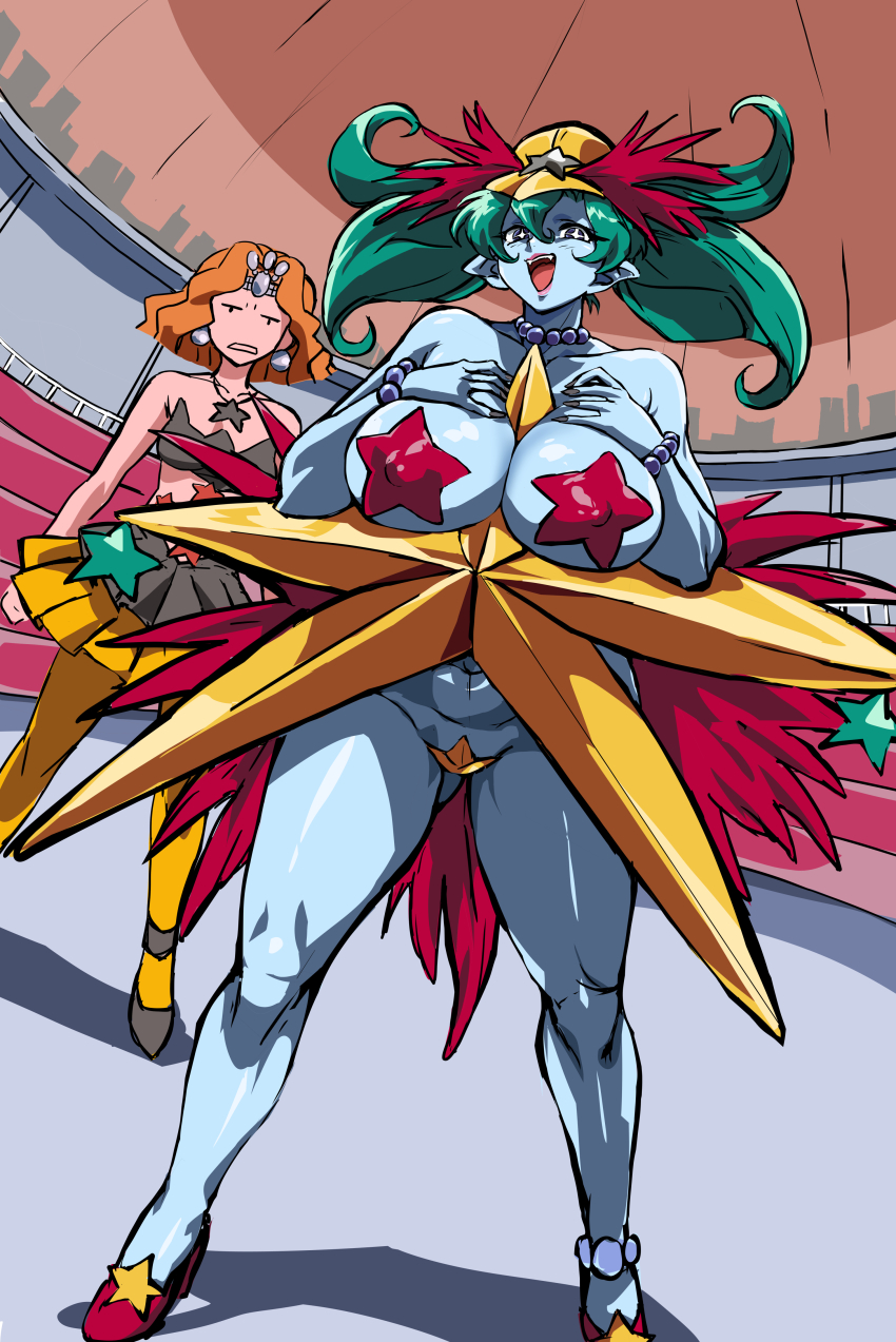 2girls :&lt; absurdres between_breasts bishoujo_senshi_sailor_moon bishoujo_senshi_sailor_moon_s blue_eyes blue_skin bracelet breasts bright_pupils brown_hair colored_skin cowboy_shot curvy demon_girl disgust full_body green_hair hands_on_own_chest highres indoors jewelry large_breasts leg_lift leg_up long_hair looking_at_another looking_at_viewer maebari mamesi_(suhk8583) medium_hair mimete_(sailor_moon) motion_lines multiple_girls nail_polish navel pasties pointy_ears revealing_clothes shiny_skin simple_background smile standing star-shaped_pupils star_(symbol) star_maebari star_pasties symbol-shaped_pupils thighs tiara twintails uchoten_(sailor_moon) wavy_hair