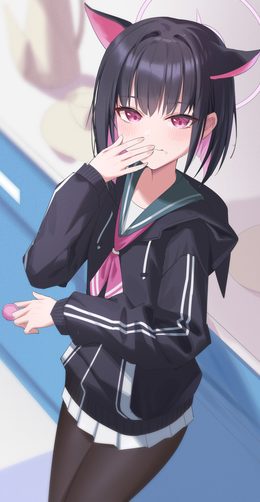 1girl absurdres animal_ears black_hair black_hoodie black_pantyhose blue_archive blunt_bangs blunt_ends bob_cut cat_ears cat_girl colored_inner_animal_ears colored_inner_hair commentary_request eating extra_ears food food_on_face green_sailor_collar halo hand_on_own_face highres holding holding_food hood hood_down hoodie jei_(user_tckk7448) kazusa_(blue_archive) looking_at_viewer macaron miniskirt multicolored_hair neckerchief pantyhose pink_eyes pink_hair pink_halo pink_neckerchief pleated_skirt sailor_collar school_uniform serafuku short_hair skirt solo white_skirt