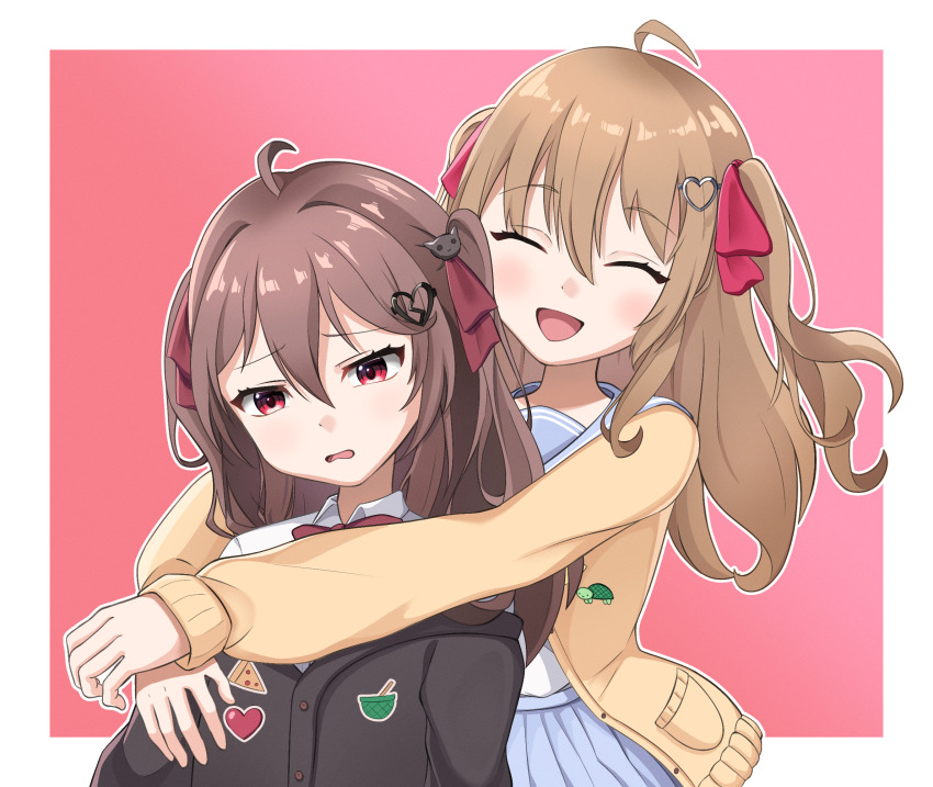 2girls ahoge black_cardigan blue_skirt border bow broken_heart_hair_ornament buttons cardigan closed_eyes collared_shirt evil_neuro-sama hair_bow hair_ornament heart heart_button heart_hair_ornament highres hug indie_virtual_youtuber long_hair multiple_girls neuro-sama open_cardigan open_clothes open_mouth outline pink_background pleated_skirt red_bow red_eyes shirt simple_background skirt skull_hair_ornament star_button turtle_button twintails virtual_youtuber white_border white_outline white_shirt wlldsake