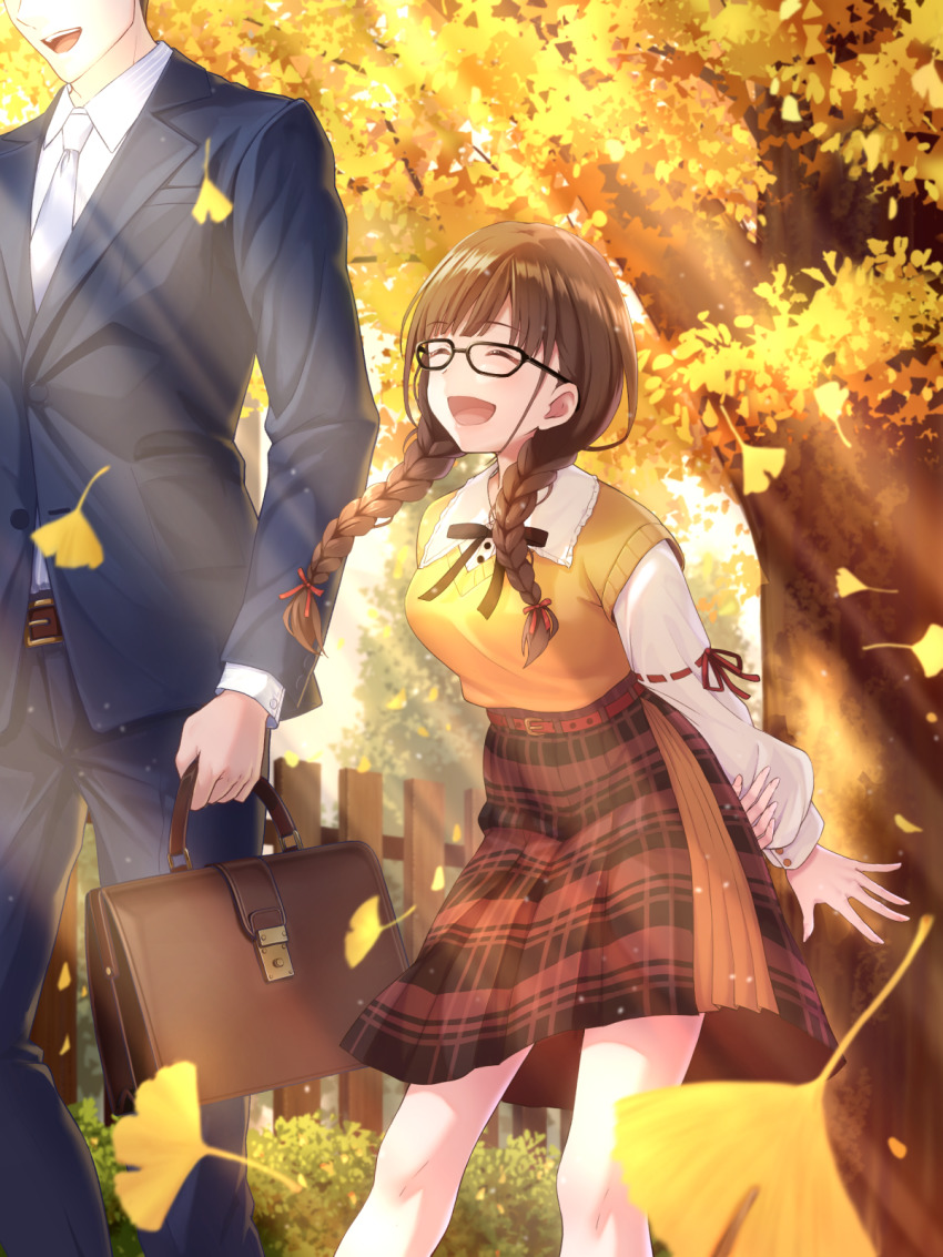 1boy 1girl autumn autumn_leaves bag belt braid brown_hair brown_skirt business_suit closed_eyes commentary_request day falling_leaves formal_clothes ginkgo_leaf glasses hair_ribbon highres idolmaster idolmaster_shiny_colors leaf low_twin_braids macha0331 neck_ribbon necktie open_mouth outdoors plaid_clothes plaid_skirt producer_(idolmaster) ribbon shirt skirt sonoda_chiyoko suit sweater_vest twin_braids white_shirt
