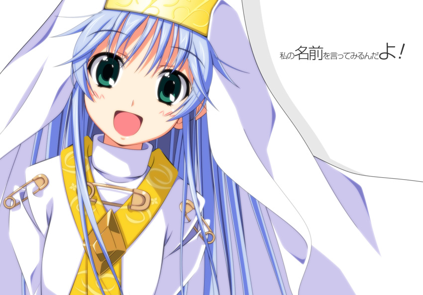 1girl bad_id bad_pixiv_id blue_hair female_focus green_eyes habit highres hokuto_no_ken hokuto_no_ken:_shinpan_no_sousousei_kengou_retsuden index_(toaru_majutsu_no_index) kasalelia long_hair mattete_koisanman nun robe say_my_name silver_hair smile solo toaru_majutsu_no_index translated