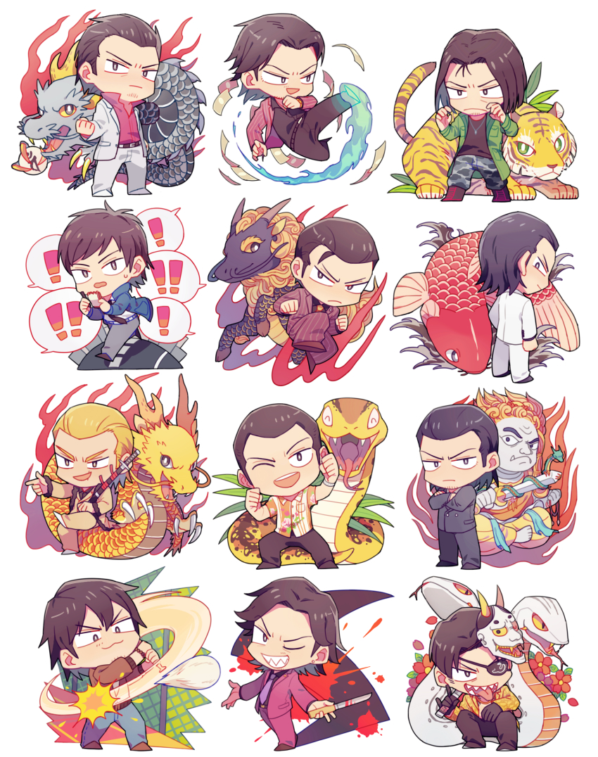 akiyama_shun baseball_bat black_hair carp chibi dojima_daigo dragon dragons eyepatch facial_hair fangs fish formal_clothes goda_ryuji hannya highres katana kirin kiryu_kazuma majima_goro male_focus mask mask_on_head mine_yoshitaka mino_(mino_cat) nishikiyama_akira nishitani_homare noh_mask qilin_(mythology) ryuu_ga_gotoku_(series) ryuu_ga_gotoku_0 ryuu_ga_gotoku_1 ryuu_ga_gotoku_2 ryuu_ga_gotoku_3 ryuu_ga_gotoku_4 ryuu_ga_gotoku_5 saejima_taiga sega shimabukuro_rikiya shinada_tatsuo snake stubble suit suits sword tanimura_masayoshi tiger weapon
