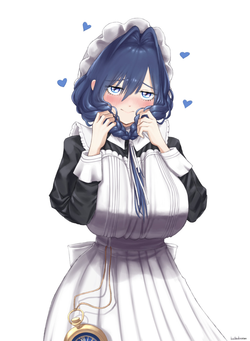 1girl absurdres alternate_costume apron baitoubaozou blue_eyes blush breasts enmaided highres hololive hololive_english large_breasts long_hair looking_at_viewer maid maid_apron maid_headdress ouro_kronii simple_background solo virtual_youtuber white_apron white_background