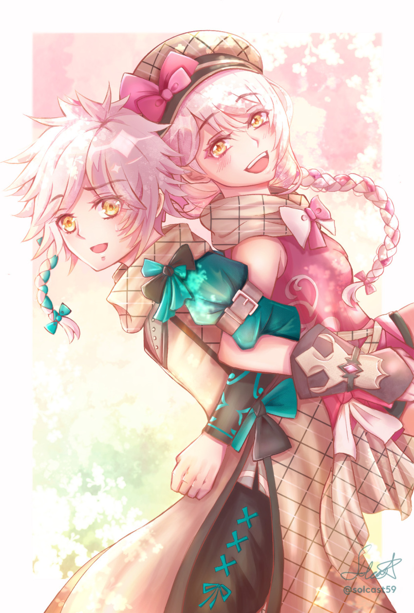 1boy 1girl :d back-to-back bow braid breasts brother_and_sister brown_hat brown_scarf clanne_(fire_emblem) deerstalker fire_emblem fire_emblem_engage framme_(fire_emblem) green_hair grey_hair hair_bow hat highres locked_arms long_hair looking_at_viewer multicolored_hair nintendo open_mouth pink_hair plaid_clothes plaid_hat plaid_scarf scarf siblings sidelocks signature sleeveless smile solcast59 sweatdrop teeth twins twitter_username two-tone_hair upper_teeth_only yellow_eyes