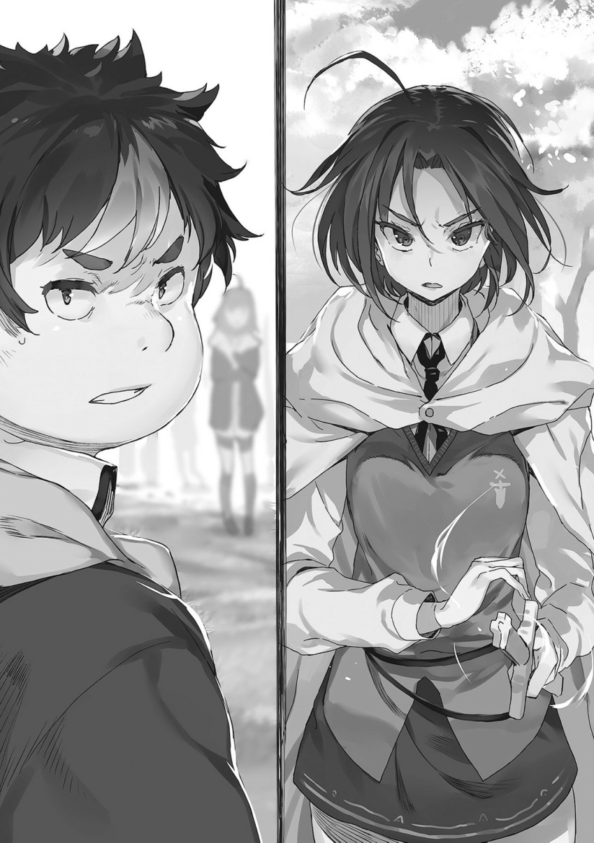 1boy 1girl ahoge breasts buta_koushaku clenched_teeth cloak collared_shirt curtained_hair fat fat_man greyscale hair_between_eyes highres holding holding_sword holding_weapon hooded_robe long_sleeves looking_back messy_hair miniskirt monochrome nauribon necktie non-web_source novel_illustration official_art outdoors parted_lips people robe school_uniform shirt short_hair sidelocks silhouette skirt slow_denning standing sweater_vest sword teeth thick_eyebrows tree tsurime upper_body v-shaped_eyebrows very_short_hair weapon yugiri_asahi_(buta_koushaku)