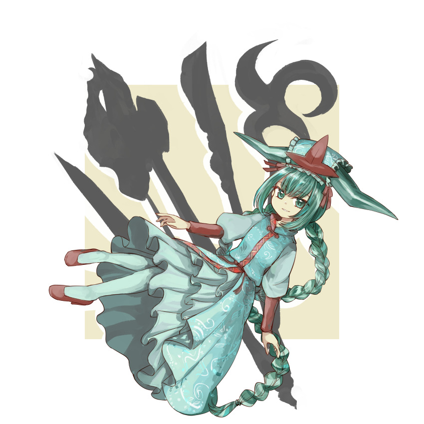 1girl absurdres anmita_(rarutos) aqua_dress aqua_eyes aqua_hat aqua_pantyhose closed_mouth dress flat_chest frills garter_straps hat highres infinite_blade_pavilion long_hair long_sleeves original pantyhose shirt skirt smile solo touhou yasogami_shuu