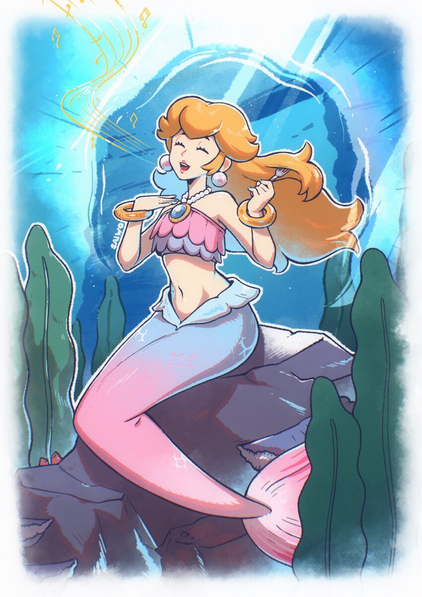 1girl bikini bikini_top_only blue_bikini blue_nails border bracelet brooch closed_eyes earrings fork gold_bracelet highres holding holding_fork jewelry layered_bikini mario_(series) mermaid mermaid_peach monster_girl multicolored_bikini music musical_note navel necklace nintendo official_alternate_costume open_mouth outside_border pearl_earrings pearl_necklace pink_bikini princess_peach princess_peach:_showtime! rock saiwo_(saiwoproject) seaweed singing solo sphere_earrings strapless strapless_bikini swimsuit two-tone_bikini underwater white_border