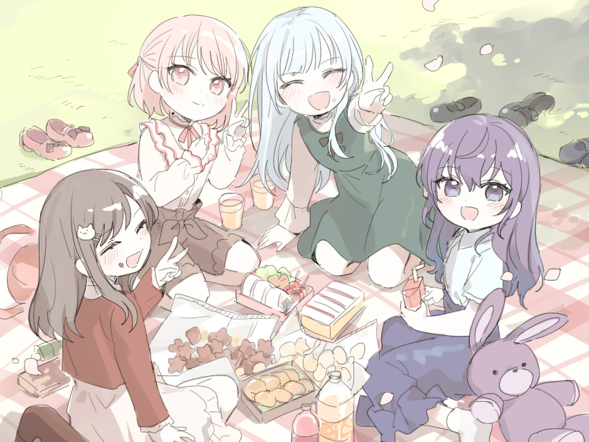 1other 25-ji_nightcord_de._(project_sekai) 3girls :d ^_^ aged_down akiyama_mizuki asahina_mafuyu blush brown_hair brown_shorts children&#039;s_day closed_eyes commentary dress food food_on_face green_dress holding_juice_box juice_box kaesmedubu korean_commentary long_hair looking_at_viewer multiple_girls open_mouth picnic picnic_blanket pink_eyes pink_hair project_sekai purple_eyes purple_hair purple_skirt red_shirt shinonome_ena shirt short_hair shorts sitting skirt smile stuffed_animal stuffed_rabbit stuffed_toy v white_hair white_shirt white_skirt yoisaki_kanade