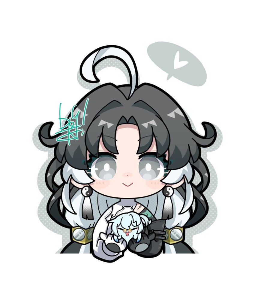 1girl ahoge animalization black_eyes black_hair black_shirt bright_pupils buling_(wuthering_waves) closed_mouth clothing_cutout colored_inner_hair commentary dog-san earrings glasses heart highres holding jewelry jianxin_(wuthering_waves) long_hair looking_at_viewer multicolored_hair parted_bangs pince-nez shirt shoulder_cutout simple_background smile solo spoken_heart straight-on symbol-only_commentary tacet_mark_(wuthering_waves) two-tone_shirt white_background white_hair white_pupils white_shirt wuthering_waves yin_yang yin_yang_earrings