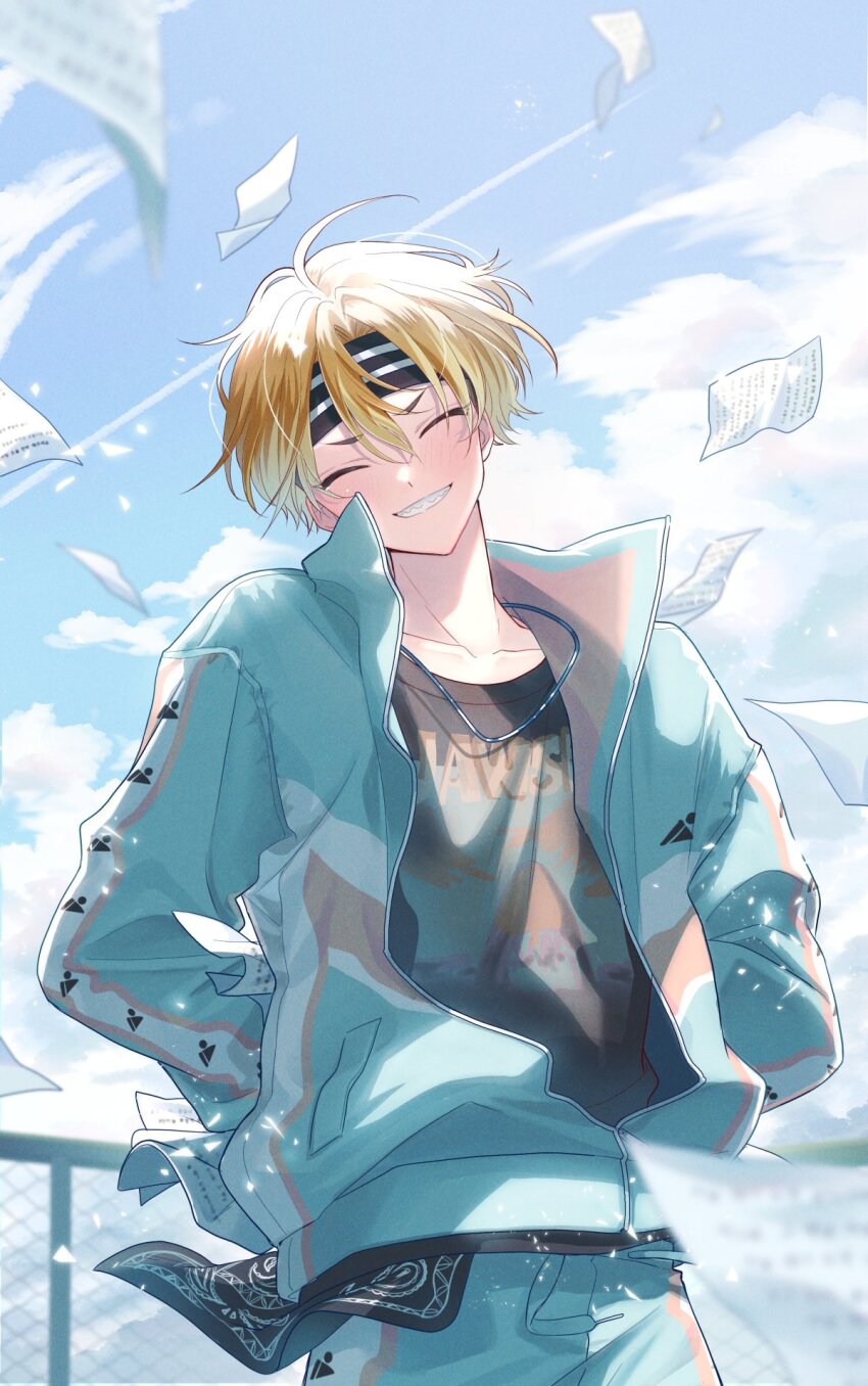 18trip 1boy 36ss_tr ^_^ bandana black_bandana black_shirt blue_jacket blue_pants chain-link_fence closed_eyes cloud cloudy_sky collared_shirt commentary cowboy_shot fence flying_paper hands_in_pockets head_tilt headband high_collar highres isotake_akuta jacket jewelry male_focus necklace open_clothes open_jacket orange_hair pants paper print_shirt shirt sky smile solo undershirt