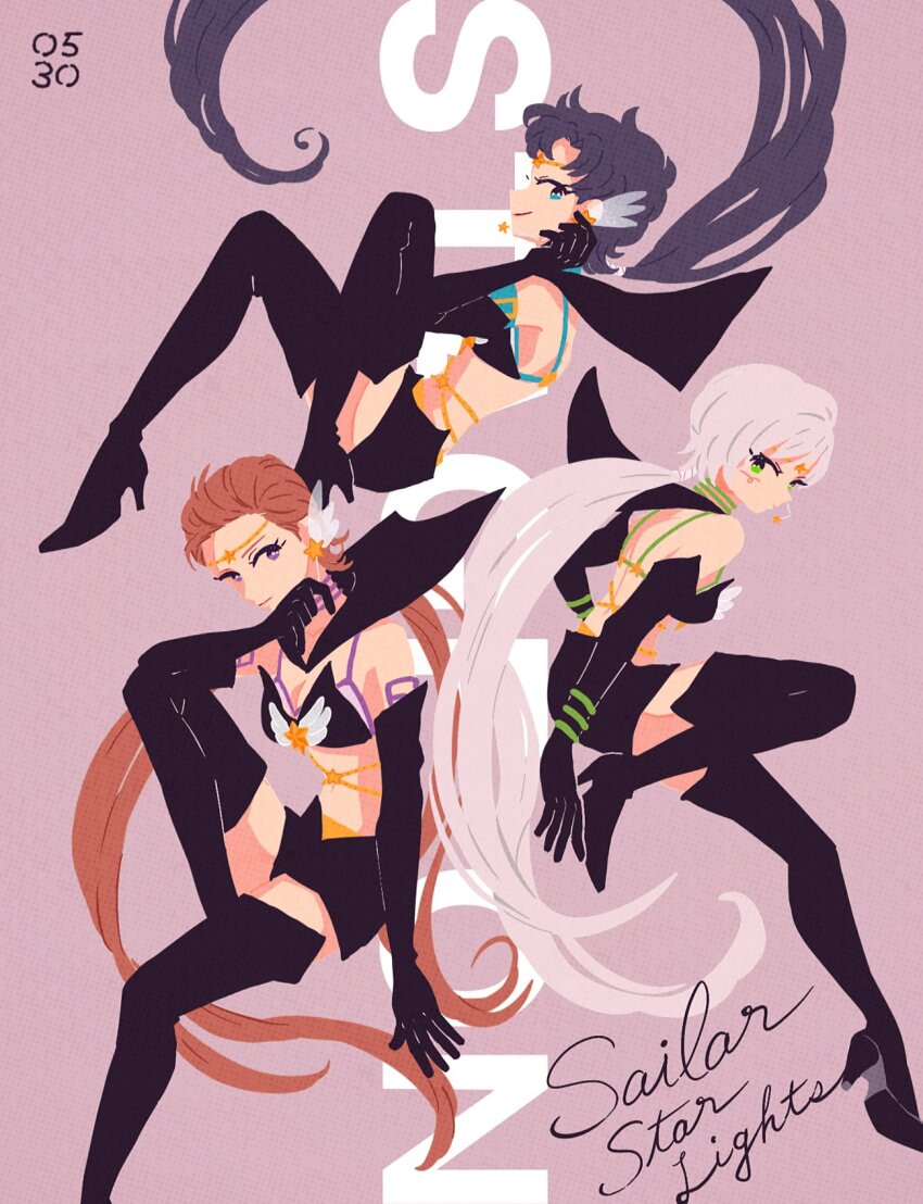 3girls aqua_eyes armband artist_logo bishoujo_senshi_sailor_moon bishoujo_senshi_sailor_moon_stars blonde_hair blue_hair boots brown_hair elbow_gloves english_text floating full_body gloves green_eyes high_heel_boots high_heels highres logo long_hair looking_at_viewer midriff multiple_girls muted_color nobu_(25mark) purple_background purple_eyes sailor_collar sailor_star_fighter sailor_star_healer sailor_star_maker seiya_kou short_shorts shorts simple_background smile taiki_kou thigh_boots tiara very_long_hair yaten_kou