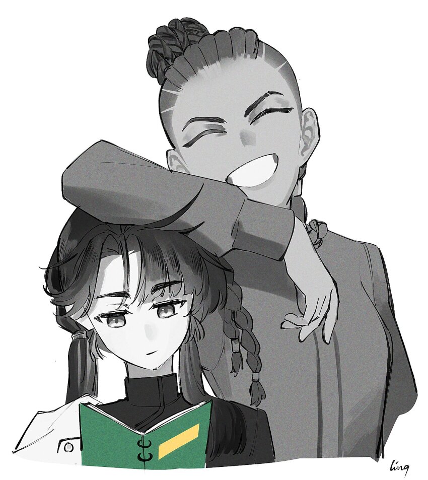 2girls ^_^ arm_on_another&#039;s_head arm_up artist_name book closed_eyes cornrows facing_viewer greyscale grin hair_bun highres liang_yue_(reverse:1999) ling_(chaaaaanhikari) looking_down low_twintails monochrome multiple_girls open_book poitier_(reverse:1999) reading reverse:1999 shirt signature smile spot_color teeth twintails upper_body white_background