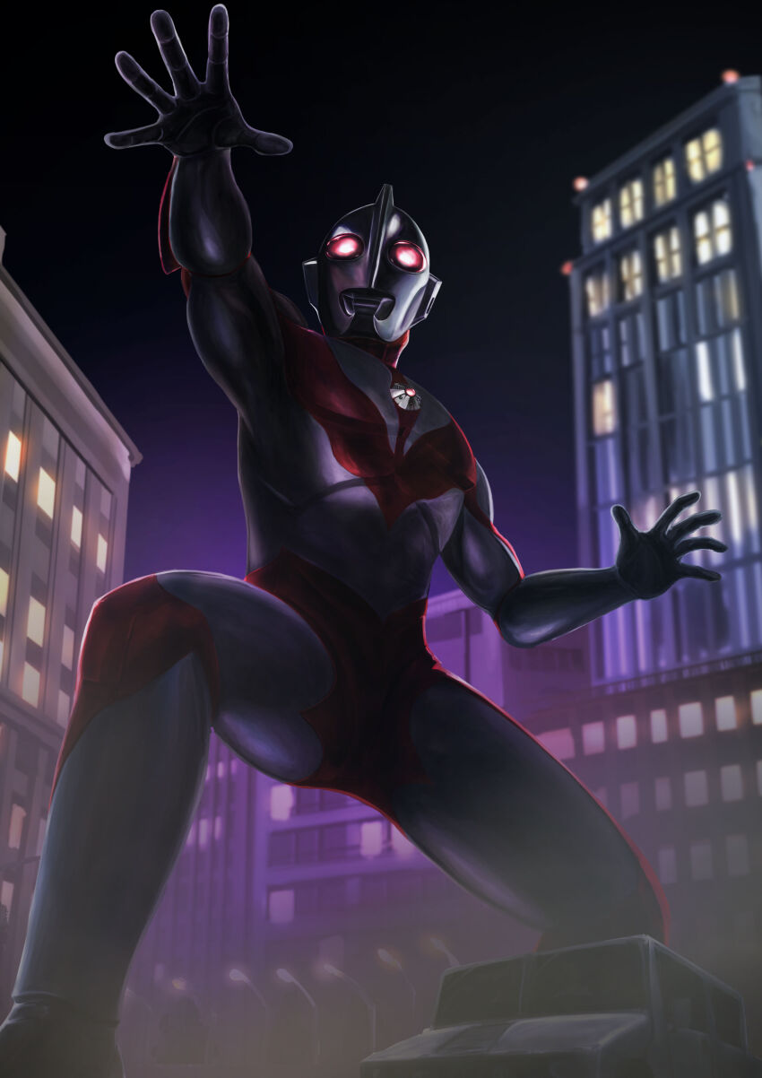 1boy absurdres alien aura building city city_lights cityscape color_timer colored_skin commentary compound_eyes dorsal_fin dust_cloud feet_out_of_frame fighting_stance from_below gattyo giant hands_up highres lamppost legs_apart looking_ahead male_focus motor_vehicle multicolored_skin muscular muscular_male night open_hands outdoors outstretched_arm pectorals purple_aura red_eyes red_skin silver_skin skyscraper solo squatting tokusatsu ultra_series ultraman:_the_ultimate_hero ultraman_powered van wrinkled_skin wrist_blades