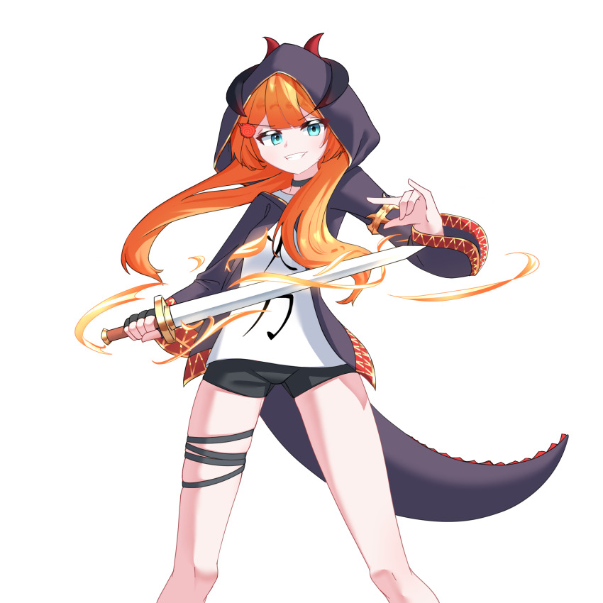 1girl blue_eyes commission dragon_tail fire hair_ornament highres hood hoodie horn_ornament horns japanese_text looking_at_viewer miki_hitsugi orange_hair pants shirt shorts simple_background smile smirk specialite_(company) specialite_en sword tail thighs virtual_youtuber weapon white_background