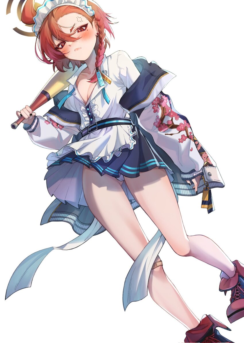 1girl :&lt; ahoge anger_vein apron asymmetrical_bangs bandaid bandaid_on_foot bandaid_on_knee bandaid_on_leg baseball_bat black_nails black_skirt blue_archive blush braid breasts cherry_blossom_print cleavage closed_mouth collarbone collared_shirt earrings floral_print frilled_apron frills from_below hair_between_eyes halo highres holding holding_baseball_bat huge_ahoge jacket jewelry legs long_sleeves looking_at_viewer maid_headdress metal_baseball_bat mole mole_under_eye nail_polish neckerchief neru_(blue_archive) off_shoulder orange_hair over_shoulder panties pantyshot partially_unbuttoned pleated_skirt print_jacket red_eyes red_shoes shirt shoes short_hair side_braid simple_background single_braid skirt small_breasts sneakers solo stud_earrings sukajan tag underwear undone_neckerchief upskirt v-shaped_eyebrows waist_apron white_apron white_background white_panties white_shirt xiachaer yellow_halo