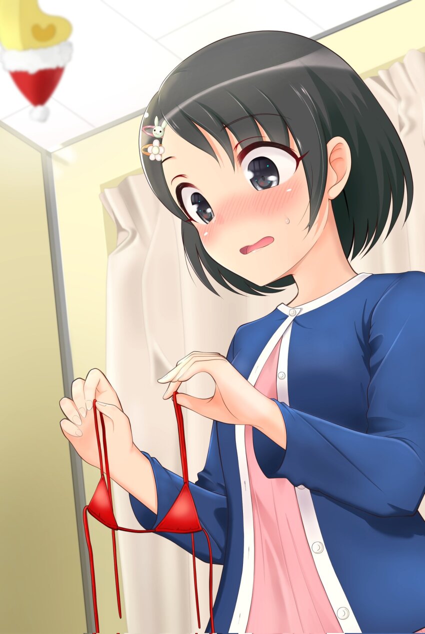 1boy 1girl bikini black_hair blush bra curtains embarrassed full-face_blush hair_ornament hairclip hat highres holding holding_bra holding_swimsuit holding_underwear holding_unworn_clothes idolmaster idolmaster_cinderella_girls kirinp_u149 looking_at_object micro_bikini producer_(idolmaster) red_bikini santa_hat sasaki_chie short_hair solo_focus sweatdrop swimsuit underwear unworn_swimsuit when_you_see_it