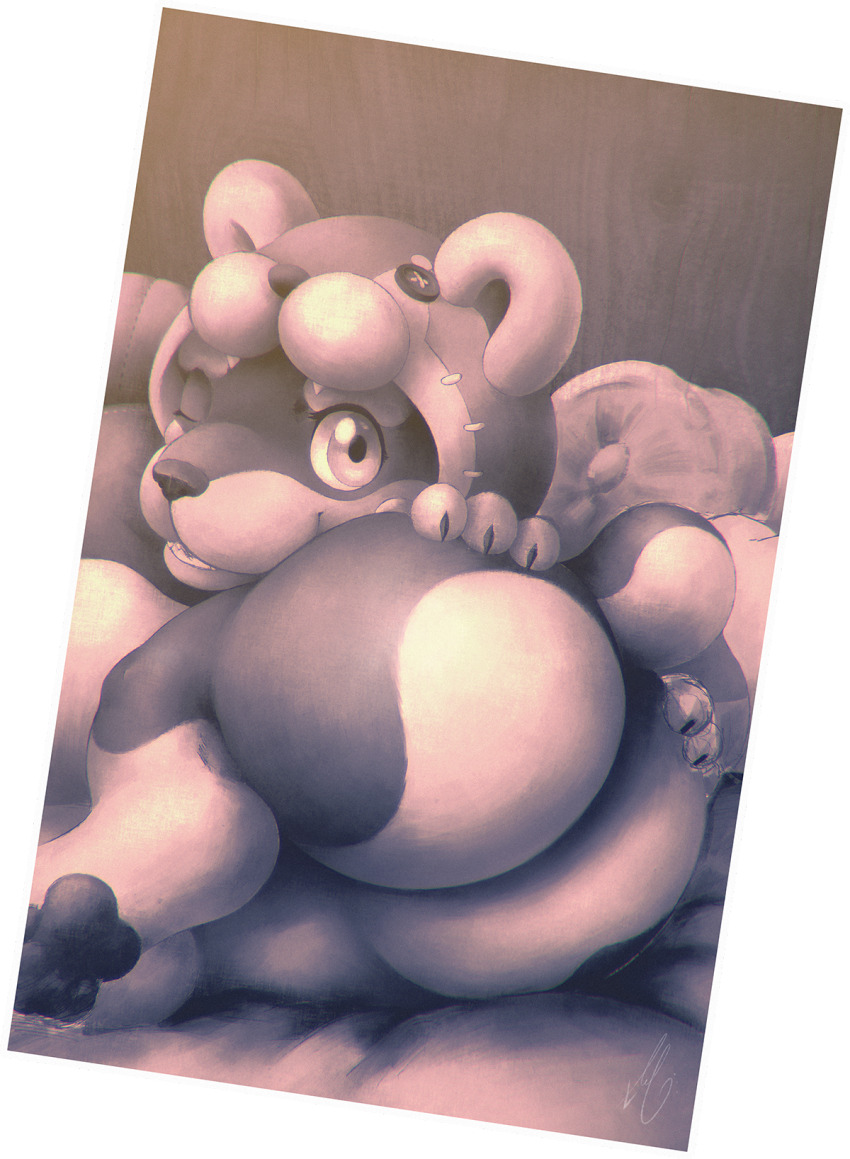 1boy animal_hood ass battle_patrol bear_hood bed bitfly bottomless claws dog dog_boy furry furry_male hands_on_own_ass highres hood hoodie huge_ass kyojiri_shota looking_at_viewer looking_back monochrome multicolored_fur one_eye_closed open_mouth pillow rokko_kuma short_tail signature smile tail two-tone_fur wink