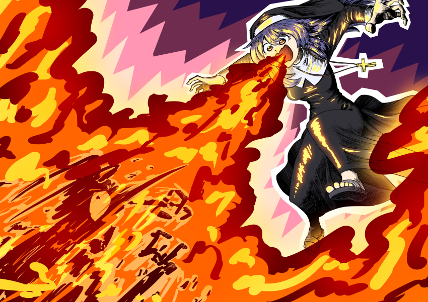 1girl absurdres breath_weapon breathing_fire cross dress fire furrowed_brow habit highres jewelry jumping long_hair maxilax necklace nun one_eye_closed open_mouth original purple_hair red_eyes sandals