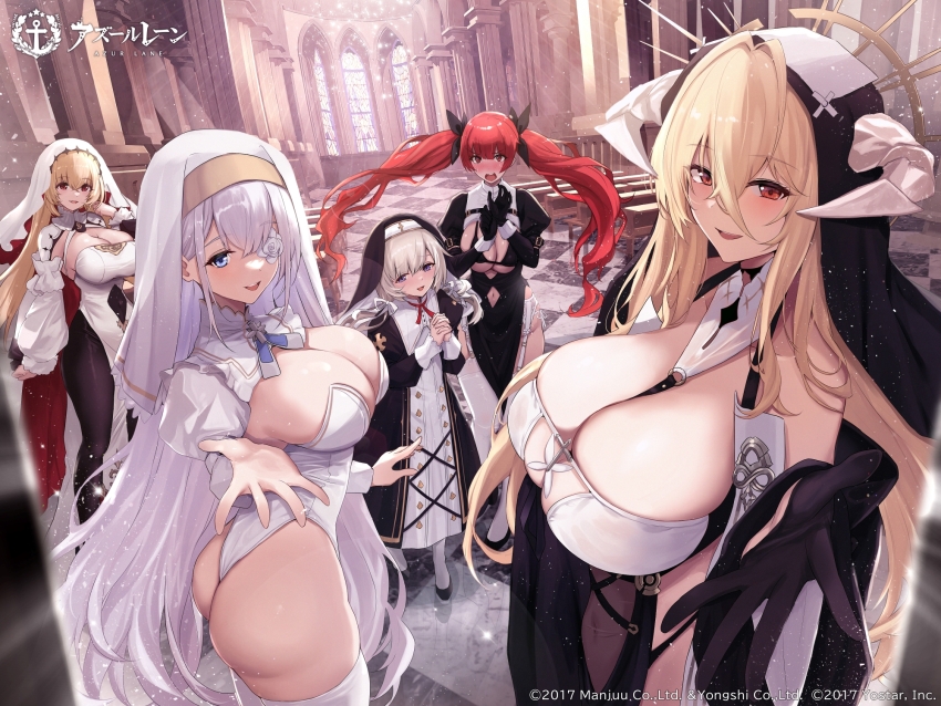 4girls altar alternate_costume arch architecture ass azur_lane bikini black_bikini black_gloves black_ribbon blonde_hair blue_eyes blush breast_cutout breasts cape cathedral church cleavage clothing_cutout commentary_request copyright_name copyright_notice covered_navel detached_collar detached_sleeves dress emden_(azur_lane) flandre_(azur_lane) flower flower_over_eye garter_belt garter_straps gloves habit hair_between_eyes hair_ribbon half_gloves height_difference highres honolulu_(azur_lane) horns huge_breasts implacable_(azur_lane) indoors interlocked_fingers king_george_v_(azur_lane) large_breasts leotard long_bangs long_hair long_hair_between_eyes looking_at_viewer multiple_girls navel navel_cutout nun official_art open_mouth own_hands_together pantyhose pelvic_curtain pew purple_eyes red_eyes red_hair revealing_clothes ribbon see-through_clothes stained_glass strapless strapless_dress strapless_leotard swimsuit thighhighs tile_floor tiles twintails two-tone_dress underboob untue veil very_long_hair white_hair white_horns white_leotard white_thighhighs wide_sleeves window