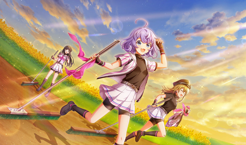 :d ^_^ ahoge asada_aoi bandaid bandaid_on_knee bandaid_on_leg baseball_field baseball_uniform belt belt_buckle belt_pouch bike_shorts_under_skirt black_belt black_footwear black_gloves black_hair black_hat black_pouch black_shorts black_socks black_undershirt blonde_hair blue_eyes buckle cinderella_series cleaning_brush closed_eyes cloud curly_hair dutch_angle field film_grain fingerless_gloves fisheye flower flower_field gakuseibou game_cg gloves hachigatsu_no_cinderella_nine hairband hat highres holding holding_brush holding_neckerchief holding_shirt holding_unworn_clothes iwaki_yoshimi lens_flare light_particles light_rays long_hair looking_at_another looking_at_viewer neckerchief non-web_source official_art open_clothes open_mouth open_shirt outdoors pink_neckerchief pleated_skirt pouch purple_hair running satogahama_baseball_uniform shirt shirt_under_shirt short_hair short_sleeves shorts skirt sky smile socks sparkle sportswear standing striped_belt striped_clothes striped_shirt sunbeam sunflower sunflower_field sunlight tsukishima_yui_(hachigatsu_no_cinderella_nine) unworn_neckerchief unworn_shirt vertical-striped_clothes vertical-striped_shirt wristband yellow_hairband