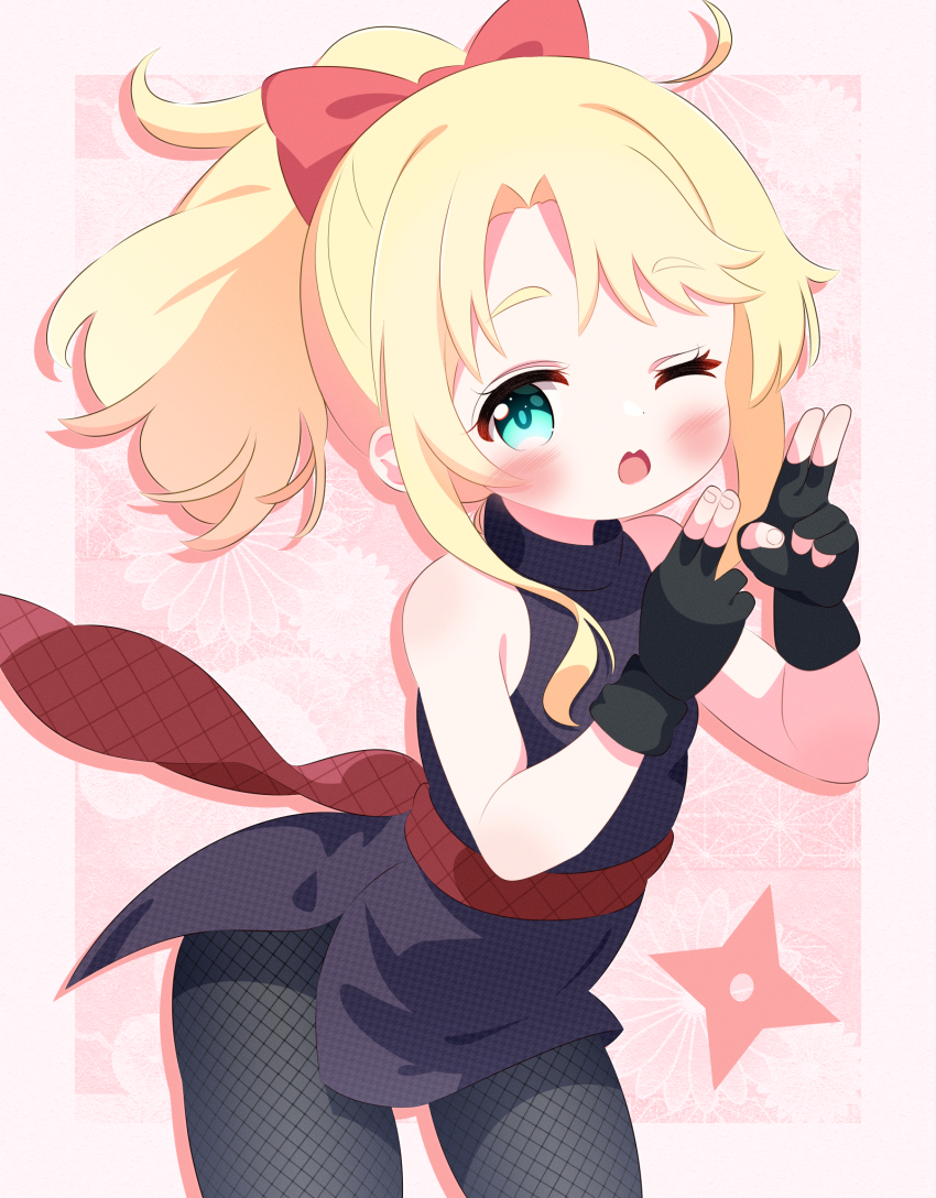 1girl ahoge aqua_eyes black_dress black_gloves black_pantyhose blonde_hair blush bow breasts dress fang fingerless_gloves fishnet_pantyhose fishnets floral_background gloves hair_bow highres himesaka_noa kuji-in leaning_forward long_hair looking_at_viewer ninja obi one_eye_closed open_mouth pantyhose pink_background ponytail r245 red_bow sash shuriken sleeveless sleeveless_dress small_breasts smile standing watashi_ni_tenshi_ga_maiorita! weapon wink