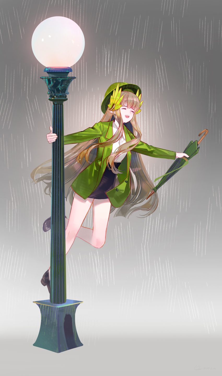 1girl absurdres arknights black_skirt blouse brown_hair elf green_hat green_umbrella hat highres jacket lamppost laurel_crown long_hair long_sleeves lyuqiu mole mole_under_eye muelsyse_(arknights) open_clothes open_mouth pointy_ears rain shirt singin&#039;_in_the_rain skirt smile solo umbrella very_long_hair white_shirt