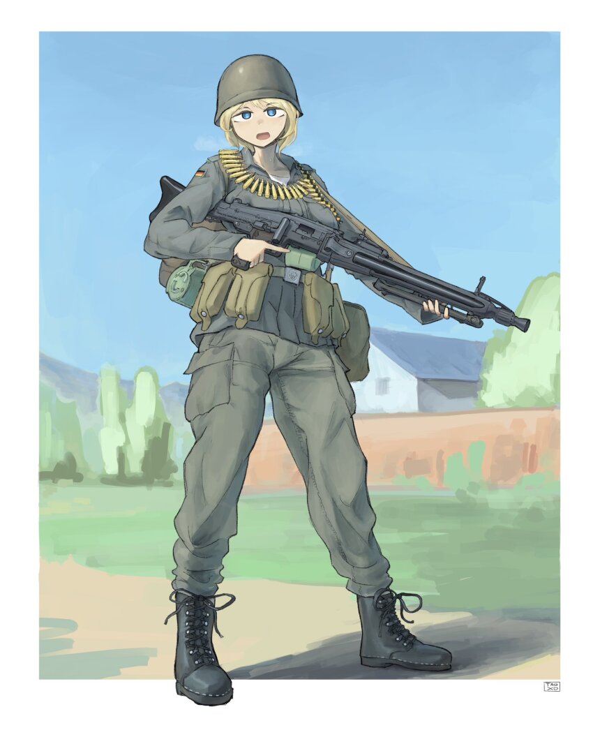 1girl ammunition_belt belt_pouch black_boots blonde_hair blue_eyes boots bundeswehr combat_boots full_body gun gun_sling heavy_breathing helmet highres holding holding_gun holding_weapon looking_at_viewer machine_gun mg3 military_uniform open_mouth original pouch soldier solo standing taco_xd69 trigger_discipline weapon white_undershirt