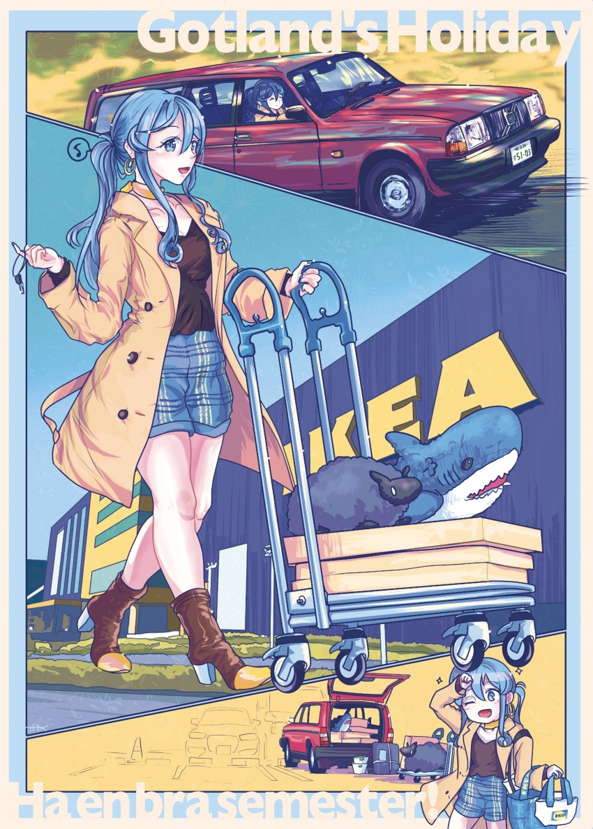 1girl black_shirt blue_eyes blue_hair blue_shorts blue_sky boots brown_coat car coat country_connection day full_body gotland_(kancolle) gotland_(kure)_(kancolle) highres ikea ikea_shark kantai_collection lace-up_boots long_hair mole mole_under_eye motor_vehicle one_eye_closed outdoors plank sheep shirt shorts sidelocks sky solo sports_utility_vehicle stroller stuffed_animal stuffed_shark stuffed_toy thrux vehicle_request