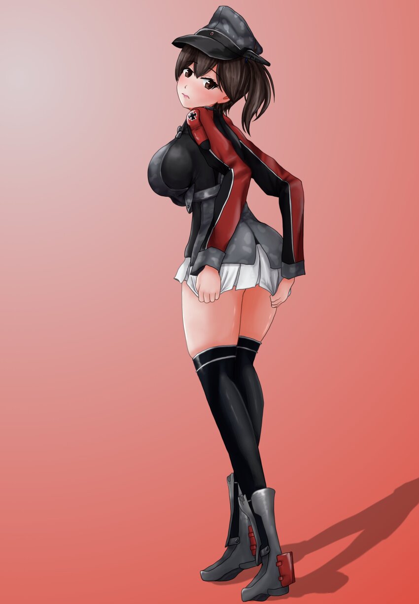 1girl absurdres black_hair black_shirt black_thighhighs breasts brown_eyes camouflage cosplay cross from_behind full_body gradient_background grey_hat hat highres iron_cross kaga_(kancolle) kantai_collection large_breasts long_hair military_uniform peaked_cap pleated_skirt prinz_eugen_(kancolle) prinz_eugen_(kancolle)_(cosplay) red_background shadow shirt skirt skirt_tug solo standing thighhighs white_skirt yasakae_(coumin_c)
