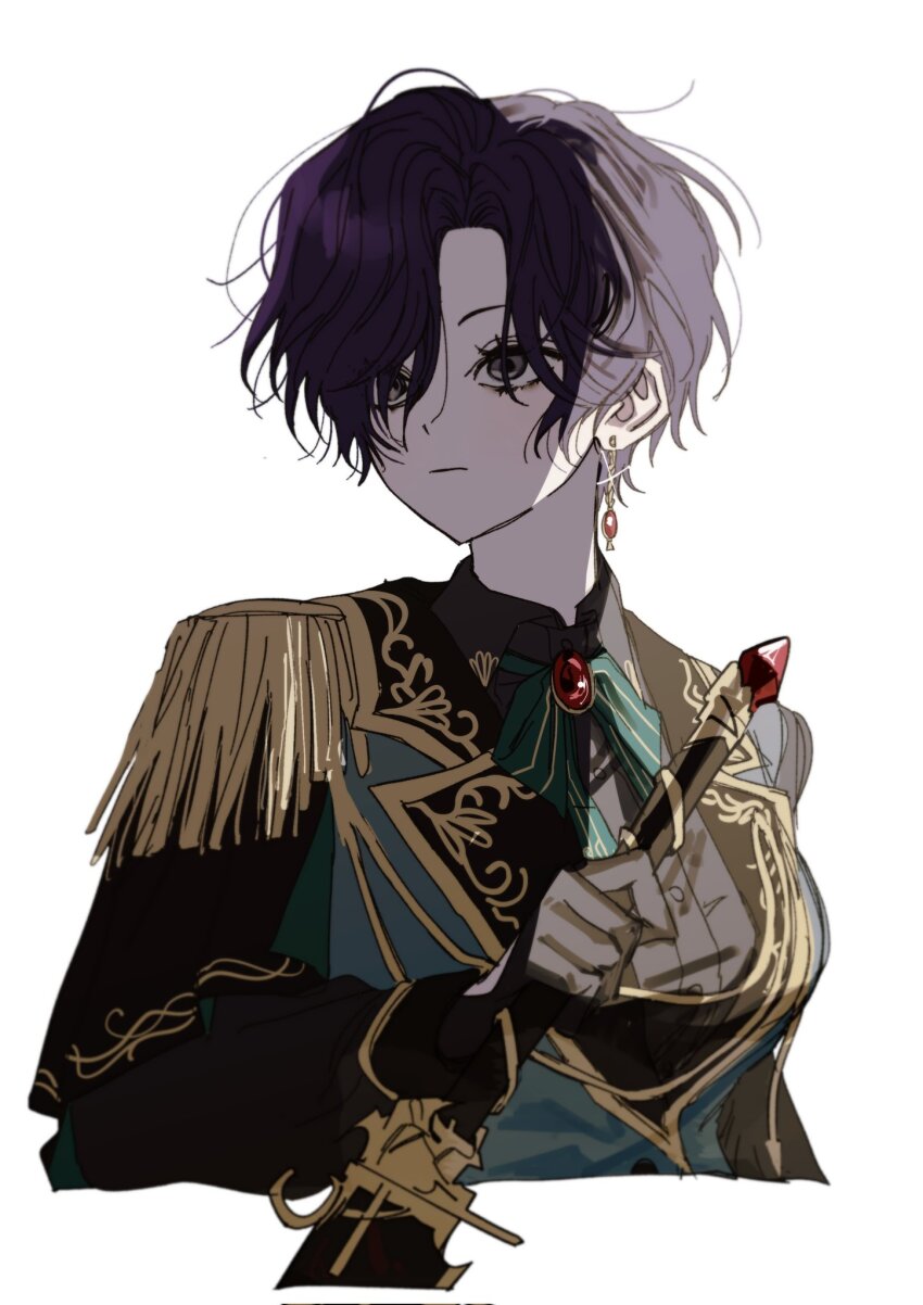 1girl androgynous asahina_mafuyu black_gloves blue_vest breasts collared_shirt earrings expressionless gem gloves goguma_wagamja highres holding holding_sword holding_weapon jewelry official_alternate_costume official_alternate_hair_length official_alternate_hairstyle ouji_fashion project_sekai purple_eyes purple_hair red_gemstone relax_teatime_(project_sekai) shirt short_hair simple_background solo sword upper_body very_short_hair vest weapon white_background
