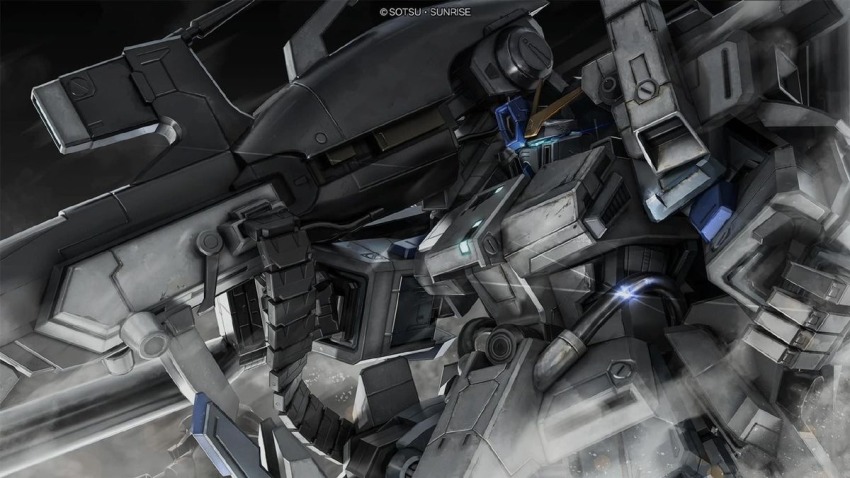 aeug artist_request beam_cannon blue_eyes cable company_name copyright_notice fazz_(gundam) glowing glowing_eyes gundam gundam_battle_operation_2 gundam_sentinel machinery mecha mecha_focus mobile_suit official_art realistic robot science_fiction shoulder_cannon smoke solo sunrise_(company) v-fin