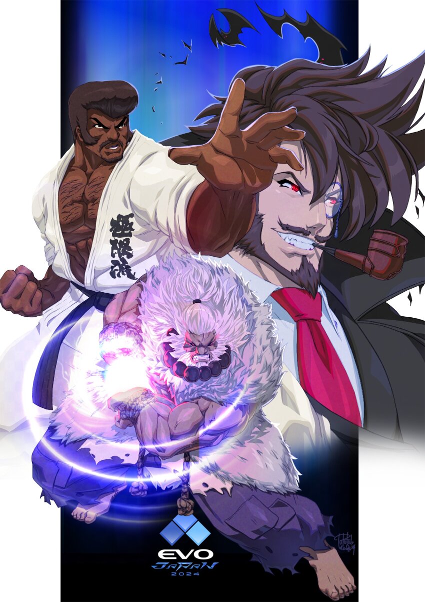 absurdres akuma_(street_fighter) beads chest_hair dark-skinned_male dark_skin dougi facial_hair fatal_fury fatal_fury:_city_of_the_wolves goatee guilty_gear guilty_gear_strive hadouken highres karate_gi marco_rodrigues monocle mustache pompadour ponytail prayer_beads red_eyes slayer_(guilty_gear) smoking_pipe street_fighter street_fighter_6 tovio_rogers white_hair