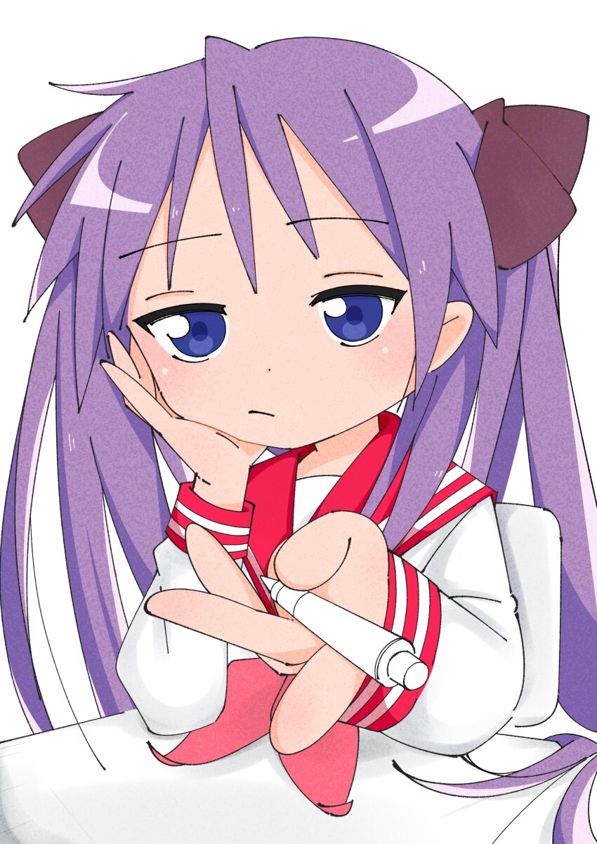 1girl absurdres black_bow bored bow chair frown hand_on_own_face highres hiiragi_kagami holding holding_pen long_hair looking_at_viewer lucky_star neckerchief pen pink_neckerchief purple_hair red_sailor_collar ryouou_school_uniform sailor_collar school_uniform shirt sitting sketch_background table tsurime twintails white_background white_shirt yq9nhoedbnmi6iy