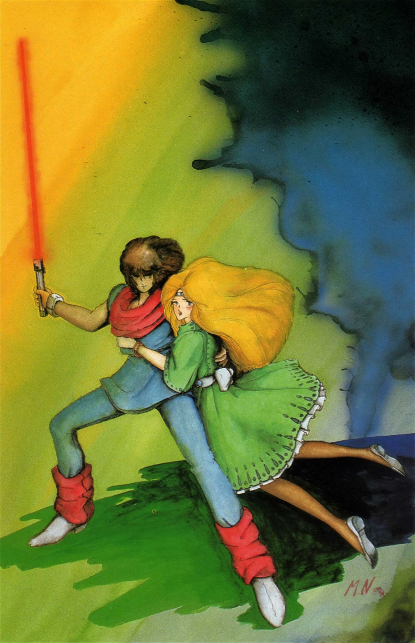 1980s_(style) 1984_(year) 1boy 1girl energy_sword belt blonde_hair blush boots brown_hair character_request daba_myroad dated dress highres hug juusenki_l-gaim long_hair looking_at_viewer magazine_scan my_anime nagano_mamoru oldschool painting_(medium) poster_(medium) retro_artstyle scan scarf serious signature traditional_media watercolor_(medium)