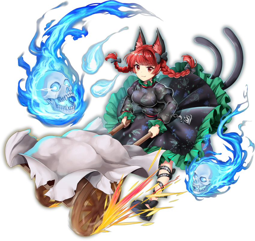 1girl animal_ear_fluff animal_ears black_bow black_dress black_shoes bow braid breasts cat_ears cat_tail closed_mouth dress fire flaming_skull floating_skull frilled_dress frilled_sleeves frills full_body game_cg hair_bow highres juliet_sleeves kaenbyou_rin leaf_print long_hair long_sleeves looking_at_viewer medium_breasts multiple_hair_bows multiple_tails nekomata official_art puffy_sleeves red_eyes red_hair rotte_(1109) shoes skull smile solo tail third-party_source touhou touhou_lostword transparent_background twin_braids two_tails wheelbarrow