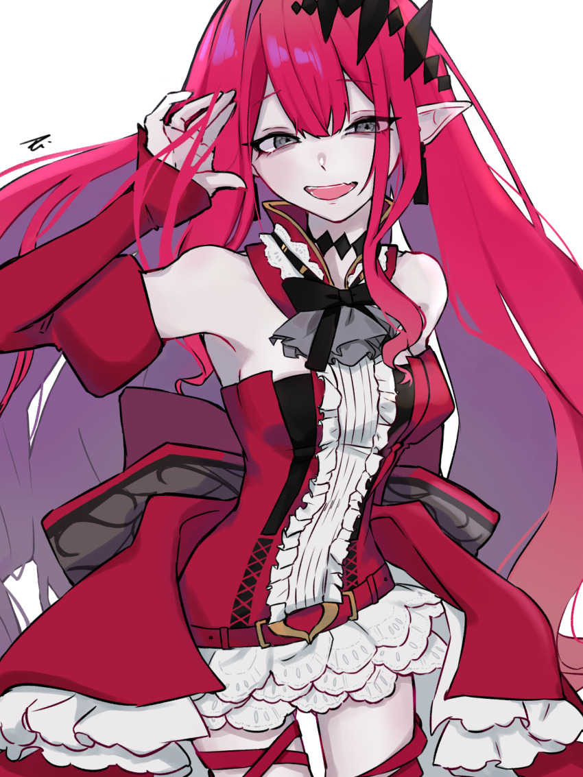 1girl baobhan_sith_(fate) baobhan_sith_(first_ascension)_(fate) bare_shoulders breasts center_frills detached_collar detached_sleeves dress earrings fate/grand_order fate_(series) frills grey_eyes highres jewelry large_breasts long_hair looking_at_viewer open_mouth pink_hair pointy_ears red_dress red_thighhighs sidelocks smile solo thighhighs thighs tiara tricky-tricky