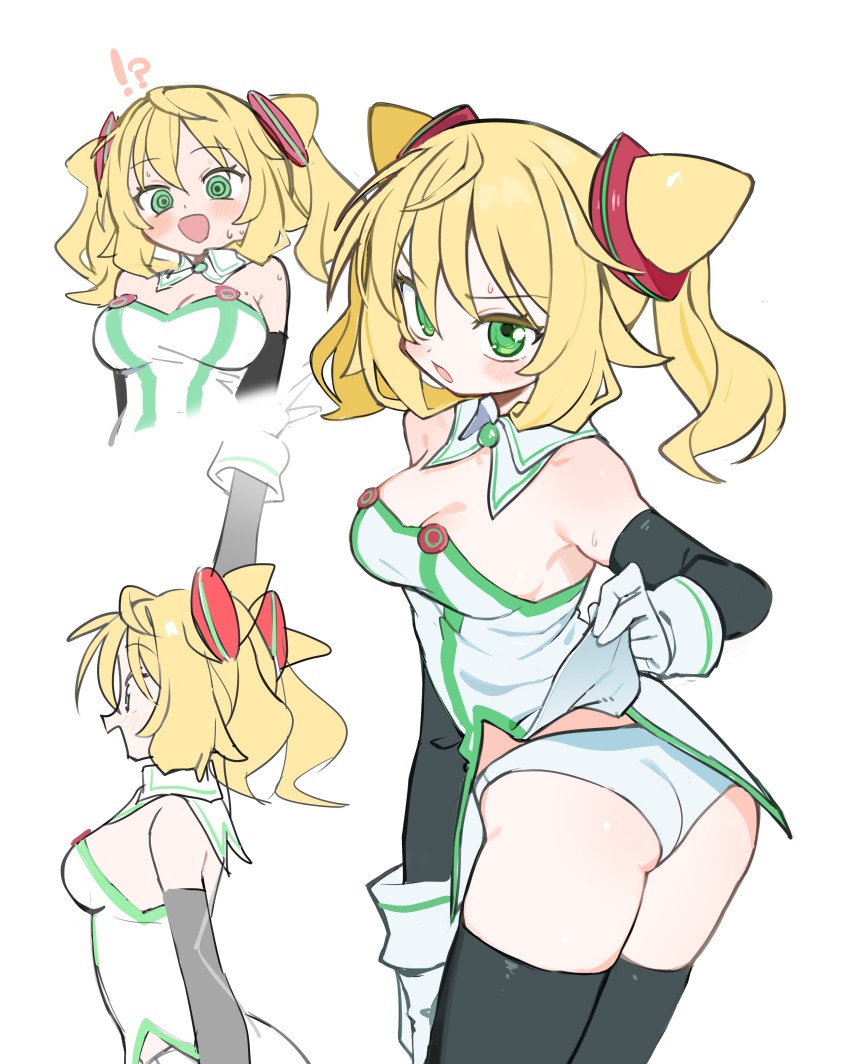!? 1girl :d @_@ absurdres arm_up ass black_gloves black_thighhighs blonde_hair blush breasts cleavage clothes_lift cowboy_shot cropped_torso detached_collar elbow_gloves from_side gloves green_eyes hacka_doll hacka_doll_1 highres kokaki_mumose layered_gloves lifting_own_clothes medium_breasts multiple_views open_mouth outstretched_hand panties profile shirt_lift simple_background smile sweat thighhighs twintails underwear v-shaped_eyebrows waving white_background white_gloves white_panties