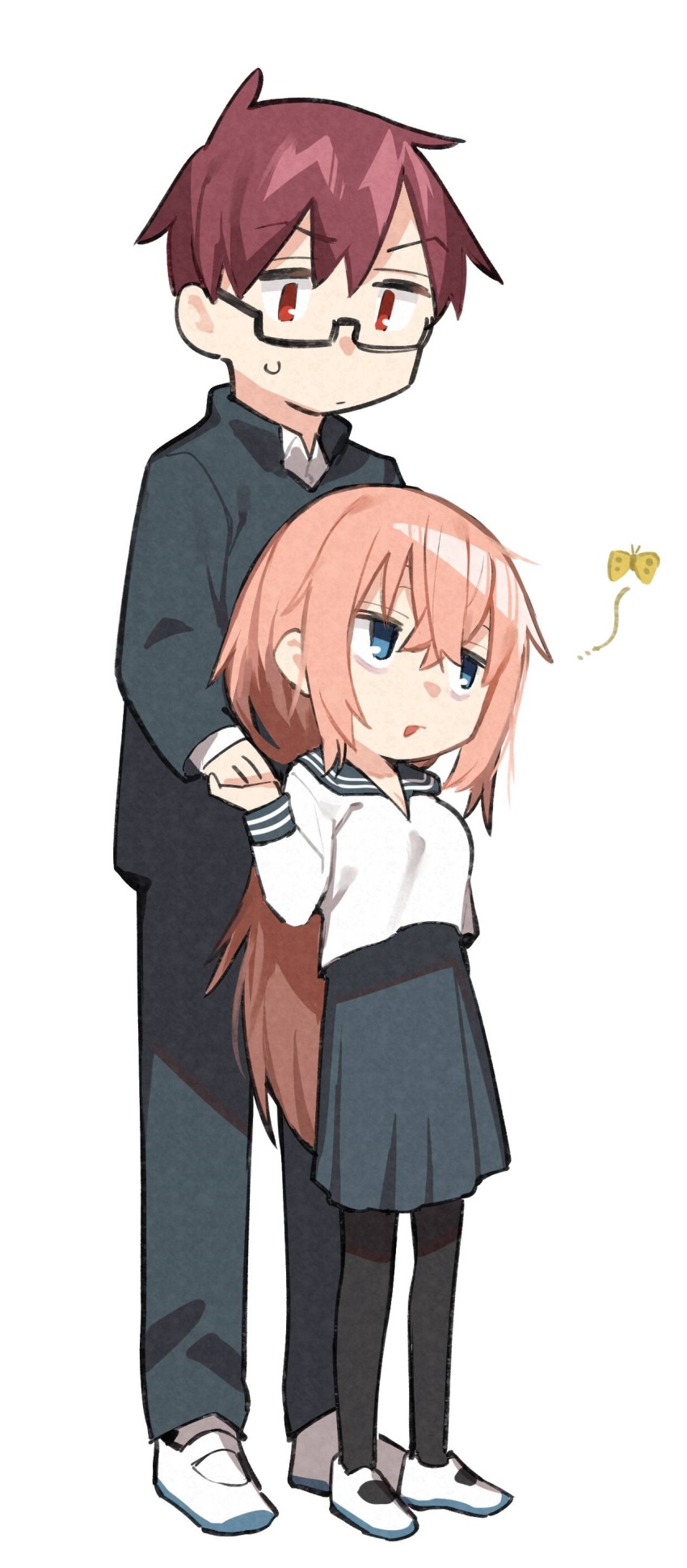 1boy 1girl absurdres blue_eyes breasts brown_hair bug butterfly chibi closed_mouth glasses height_difference highres holding_hands insect large_breasts long_hair michinoku_komaro mizunoe_ume mizunoe_umi muchi_maro open_mouth orange_hair red_eyes school_uniform seitokai_ni_mo_ana_wa_aru! serafuku shoes standing sweatdrop uwabaki