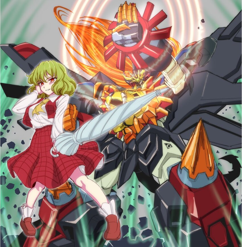 1girl ascot brown_footwear closed_umbrella collared_shirt commentary commission drill genesic_gaogaigar green_hair hand_on_own_cheek hand_on_own_face holding holding_umbrella kazami_yuuka kin-san_(sasuraiga) long_sleeves mecha mechanical_tail mechanical_wings orange_hair plaid_clothes plaid_skirt plaid_vest red_eyes red_skirt red_vest robot science_fiction shirt shoes skeb_commission skirt skirt_set socks sunrise_stance super_robot tail touhou umbrella v-fin vest white_shirt white_socks wings yellow_ascot yuusha_ou_gaogaigar yuusha_ou_gaogaigar_final yuusha_series