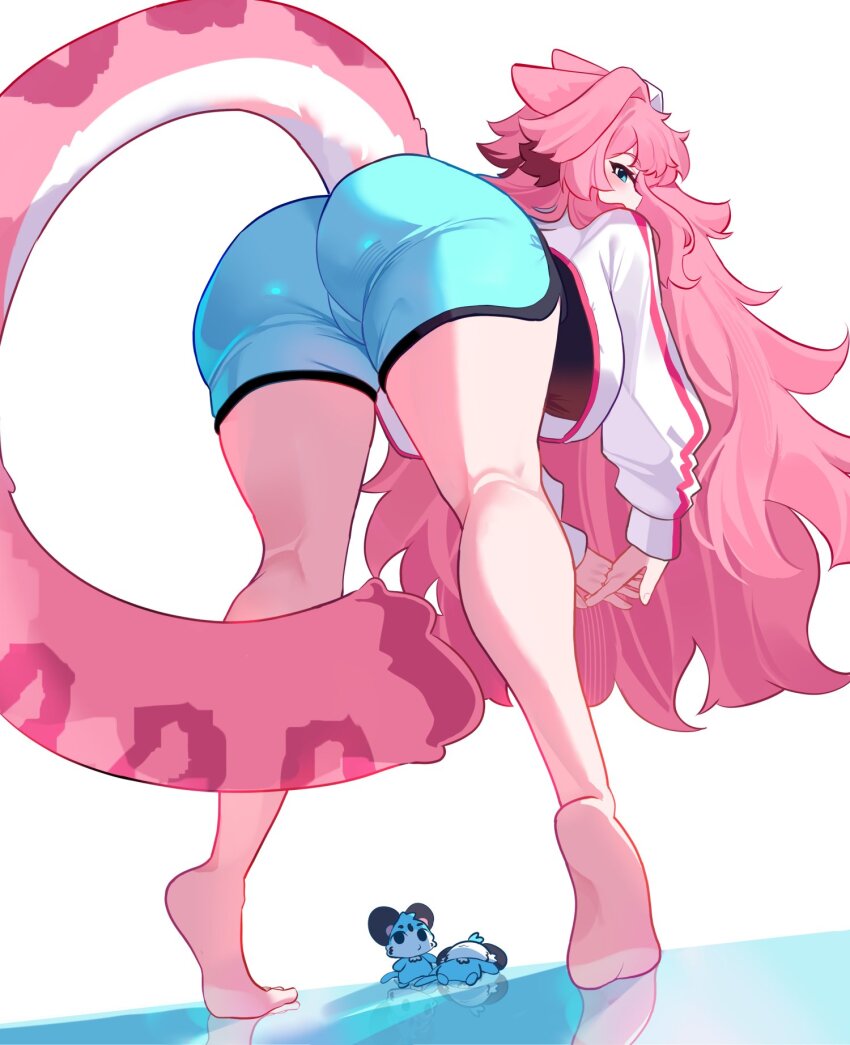 1girl animal_ears ass bent_over blue_eyes blue_shorts blush breasts chattino_(raora_panthera) clulless commentary english_commentary from_behind hair_intakes highres hololive hololive_english jacket large_breasts long_hair long_sleeves multicolored_hair panther_ears panther_girl panther_tail pink_hair pink_tail raora_panthera shorts simple_background streaked_hair tail thighs tiptoes two-tone_hair virtual_youtuber white_background white_hair white_jacket