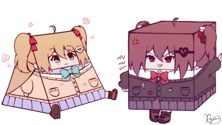 2girls :3 ahoge anger_vein aqua_bow aqua_bowtie artist_name black_cardigan black_skirt blue_eyes blue_sailor_collar blue_skirt bow bowtie broken_heart broken_heart_hair_ornament brown_hair brown_shoes cardigan cartoon_logic closed_mouth commentary cube_tom_(meme) english_commentary evil_neuro-sama hair_between_eyes hair_ornament hair_ribbon heart heart_hair_ornament highres indie_virtual_youtuber meme multiple_girls neuro-sama open_mouth parody pleated_skirt red_bow red_bowtie red_eyes red_ribbon reyforn ribbon sailor_collar shirt shoes simple_background sitting skirt skull_hair_ornament standing tom_and_jerry triangle_jerry_(meme) two_side_up virtual_youtuber white_background white_shirt yellow_cardigan