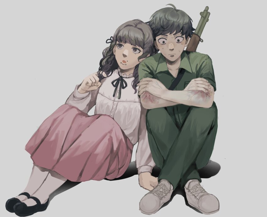 1boy 1girl arm_support black_hair black_ribbon black_shoes brown_hair closed_mouth commentary crossed_arms crossed_legs fear_&amp;_hunger_(series) fear_&amp;_hunger_2:_termina frilled_shirt_collar frills full_body green_jumpsuit grey_background gun gun_on_back hair_ribbon highres jaylee-is-here jumpsuit leaning_on_person levi_(fear_&amp;_hunger) long_hair long_skirt long_sleeves marina_(fear_&amp;_hunger) mary_janes mouth_piercing neck_ribbon parted_lips pink_skirt playing_with_own_hair ribbon rifle shirt shirt_tucked_in shoes short_hair short_sleeves simple_background sitting skirt socks sweat track_marks weapon weapon_on_back white_shirt white_shoes white_socks