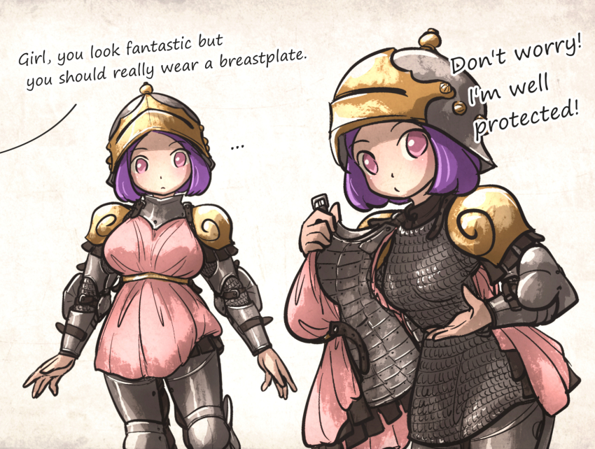 ... 1girl armor brigandine_(armor) chainmail closed_mouth commentary couter cuisses dress english_commentary english_text gold_armor gorget grey_armor helmet highres holding holding_unworn_clothes ironlily layered_armor leather_strap looking_at_viewer medium_hair multiple_views original pauldrons pink_dress pink_eyes poleyn purple_hair removing_armor rerebrace scale_armor shoulder_armor simple_background vambraces visor_lift white_background