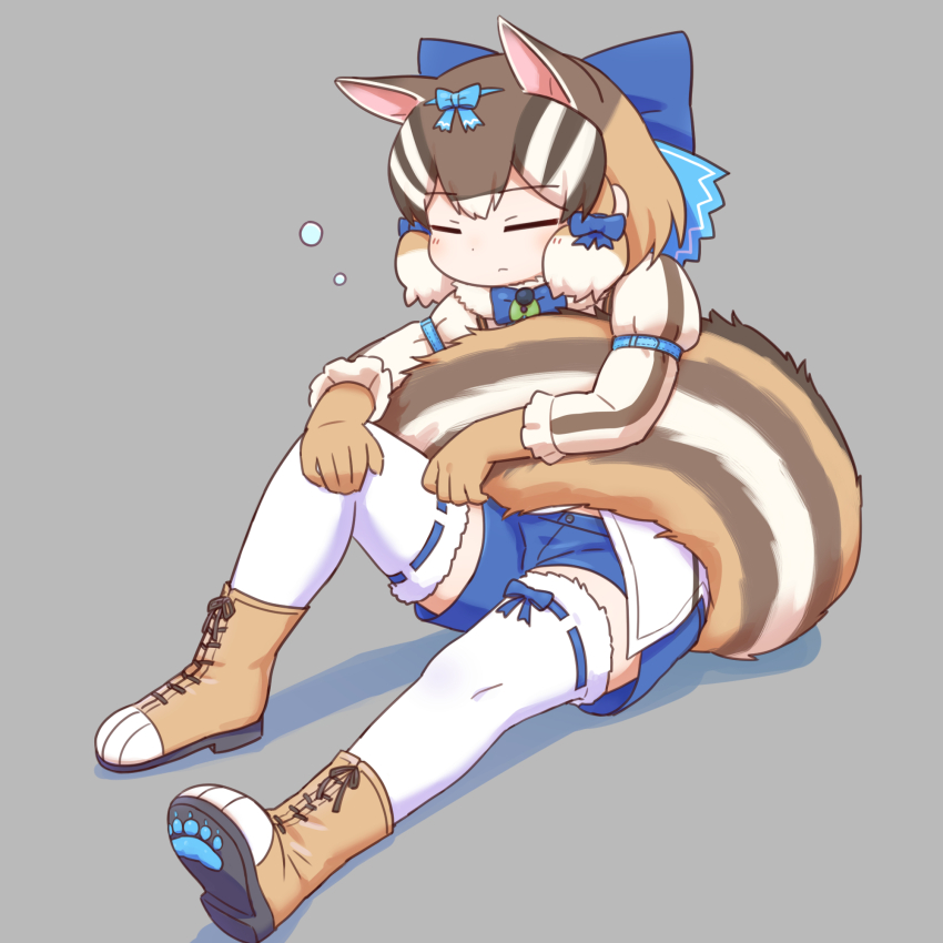 0x0082 1girl animal_ears boots brown_hair chipmunk_ears chipmunk_girl chipmunk_tail closed_eyes extra_ears full_body gloves grey_background highres kemono_friends kemono_friends_v_project microphone ribbon shirt short_hair shorts siberian_chipmunk_(kemono_friends) simple_background solo tail thighhighs vest virtual_youtuber