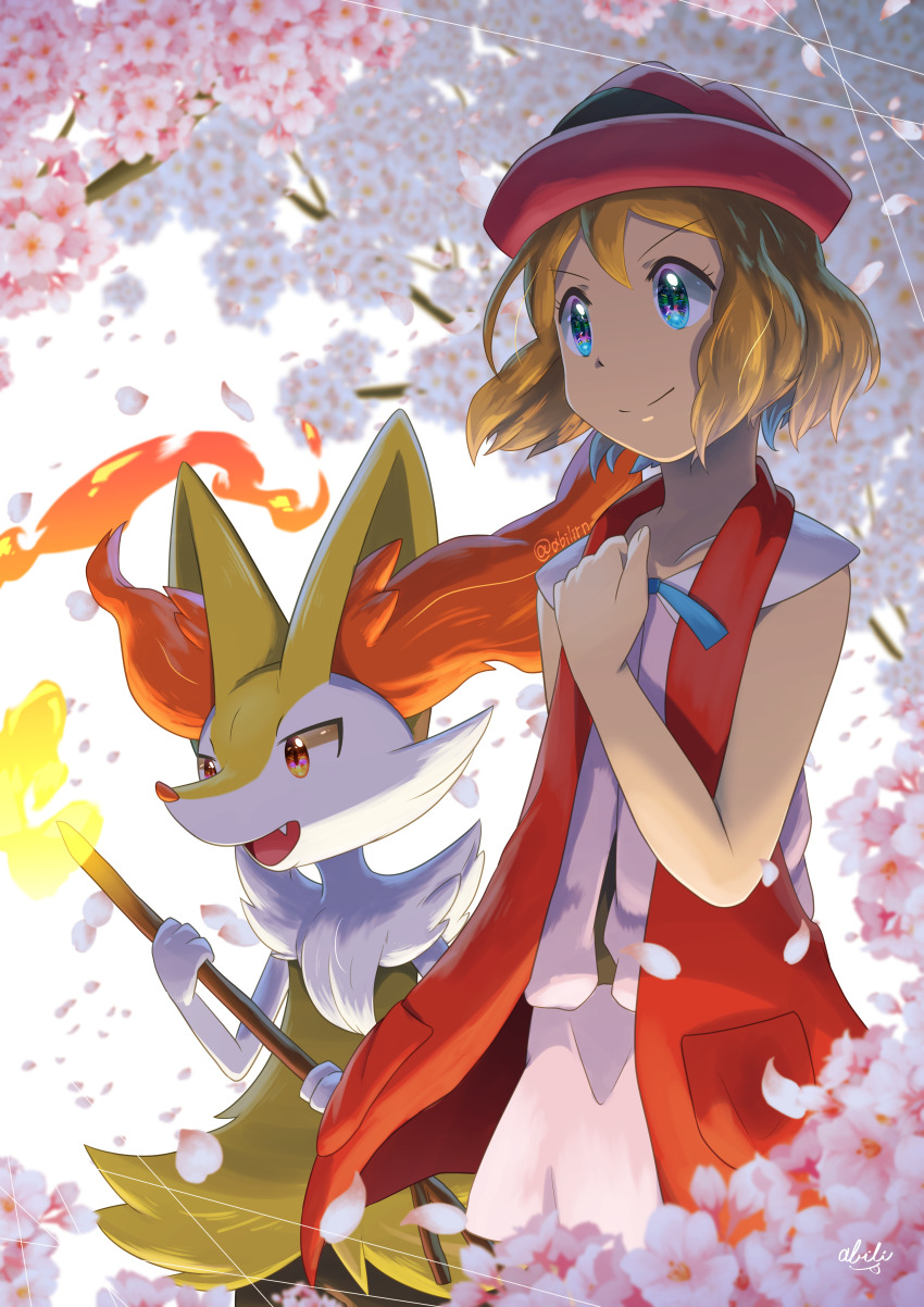 1girl absurdres animal_ear_fluff animal_nose artist_name blue_eyes blue_ribbon braixen brown_hair clenched_hand closed_mouth collarbone commentary_request eyelashes fingernails fire gen_6_pokemon hat highres neck_ribbon nintendo petals pink_headwear pokemer pokemon pokemon_(anime) pokemon_(creature) pokemon_xy_(anime) ribbon serena_(pokemon) short_hair sleeveless_duster smile snout