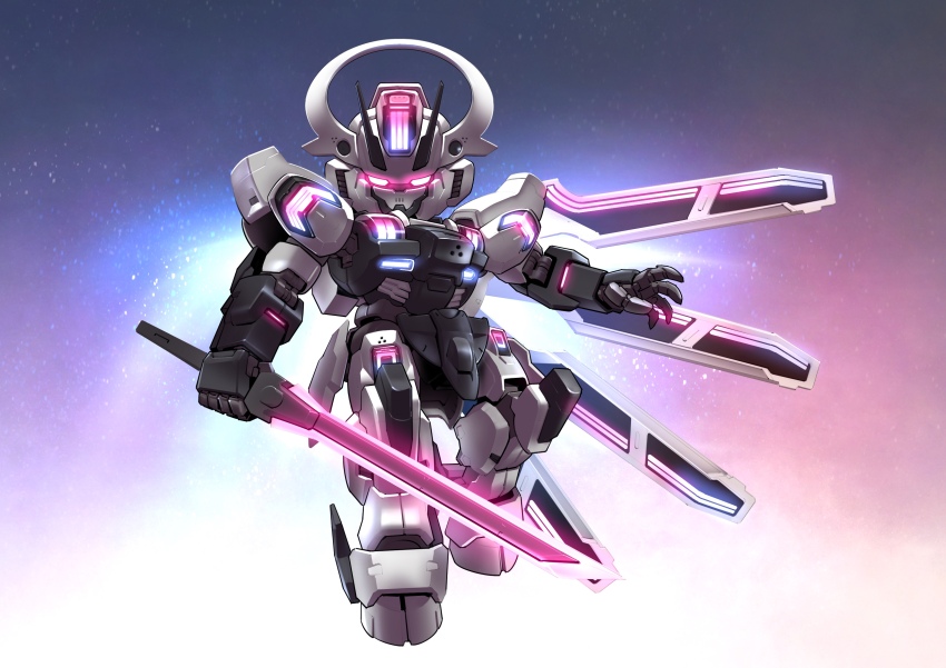 absurdres chibi chinese_commentary commentary_request exhaust flying full_body glowing glowing_eyes gundam gundam_schwarzette gundam_suisei_no_majo highres holding holding_sword holding_weapon looking_at_viewer making-of_available mecha mecha_focus mobile_suit no_humans open_hand outstretched_arm purple_eyes robot science_fiction sd_gundam solo sword weapon zakuma