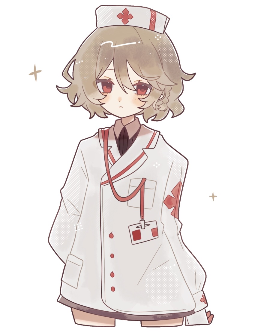 1girl blush_stickers brown_hair closed_mouth commentary_request cropped_legs double-parted_bangs hair_between_eyes hat highres jacket lanyard long_sleeves looking_at_viewer nurse nurse_cap nurse_robot_type_t okayu_(cwtv7823) red_eyes short_hair simple_background solo sparkle utau white_background white_jacket