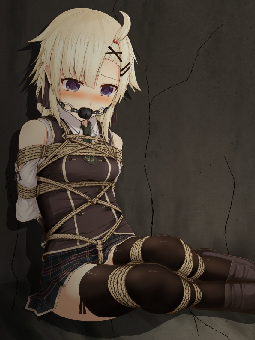 1girl against_wall arms_behind_back assault_lily ball_gag bangs_pinned_back bare_shoulders bdsm black_bow black_thighhighs black_vest blonde_hair blue_eyes blush bondage bound bound_arms bound_legs bow braid breasts brown_shoes buttons clothing_cutout collared_shirt commentary_request commission crack cracked_wall crotch_rope double-breasted feet_out_of_frame femuto gag gagged green_necktie green_skirt hair_bow hair_ornament hairclip hibino_waku highres indoors loafers long_sleeves looking_away looking_down medium_hair miniskirt necktie nose_blush on_floor plaid_clothes plaid_skirt pleated_skirt restrained saliva school_uniform shadow shibari shibari_over_clothes shirt shoes short_necktie shoulder_cutout sitting skeb_commission skirt small_breasts solo thighhighs vest white_shirt wiffle_gag x_hair_ornament