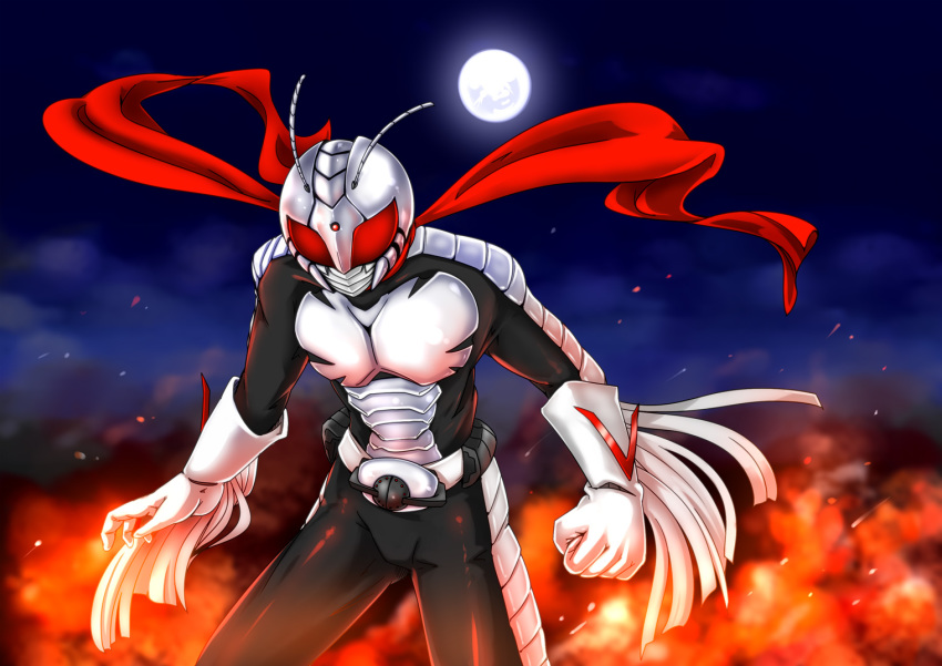 1boy antennae belt fire gloves kamen_rider kamen_rider_super-1 kamen_rider_super-1_(series) male_focus moon night ryoi scarf solo